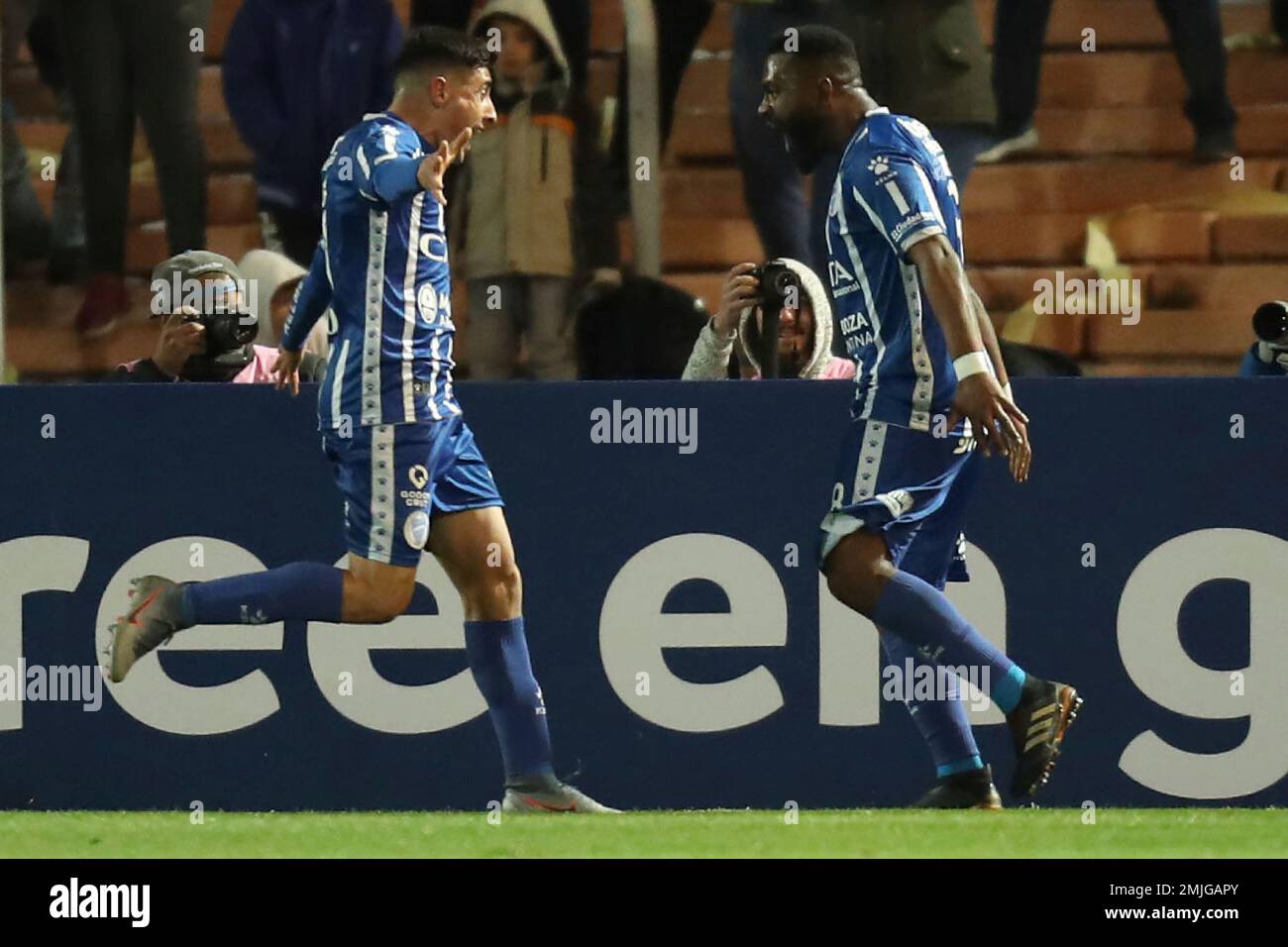 Santiago Damian Garcia Correa of Argentina's Godoy Cruz heads to score  against Paraguay's Olimpia during a Copa Libertadores soccer game in  Asuncion, Paraguay, Tuesday, April 9, 2019. (AP Photo/Jorge Saenz Stock  Photo 