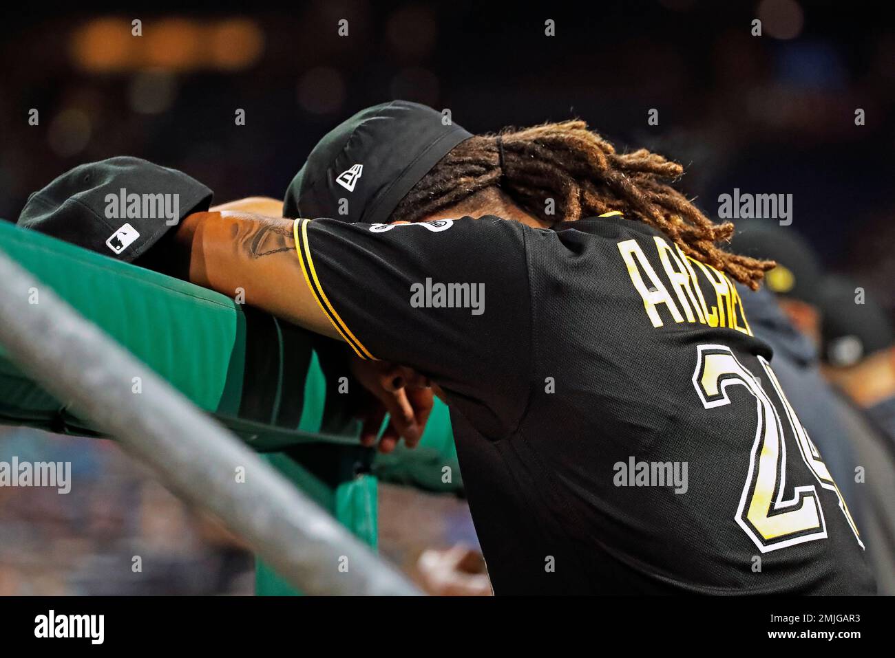 Pittsburgh Pirates starting pitcher Chris Archer collects himself in the  dugout after finishing the sixth inning of a baseball game against the St.  Louis Cardinals in Pittsburgh, Tuesday, July 23, 2019. Archer