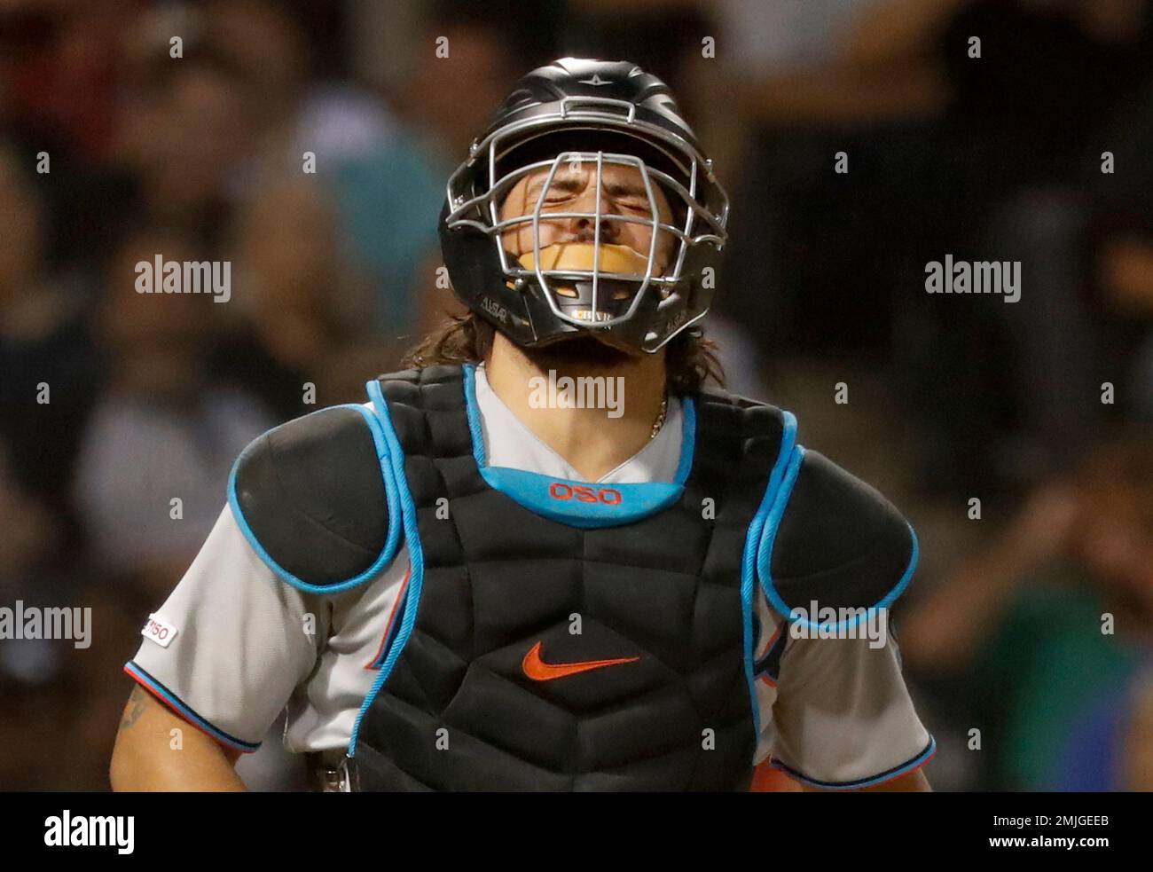 August 6 2021: Florida catcher Jorge Alfaro (38) hits a double during the  game with Colorado Rockies and Miami Marlins held at Coors Field in Denver  Co. David Seelig/Cal Sport Medi(Credit Image