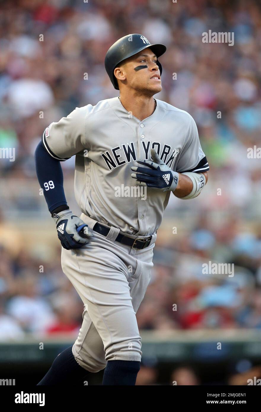 New York Yankees' Aaron Judge heads to first base after drawing a walk from  Minnesota Twins pitcher Martin Perez in the first inning of a baseball game  Monday, July 22, 2019, in