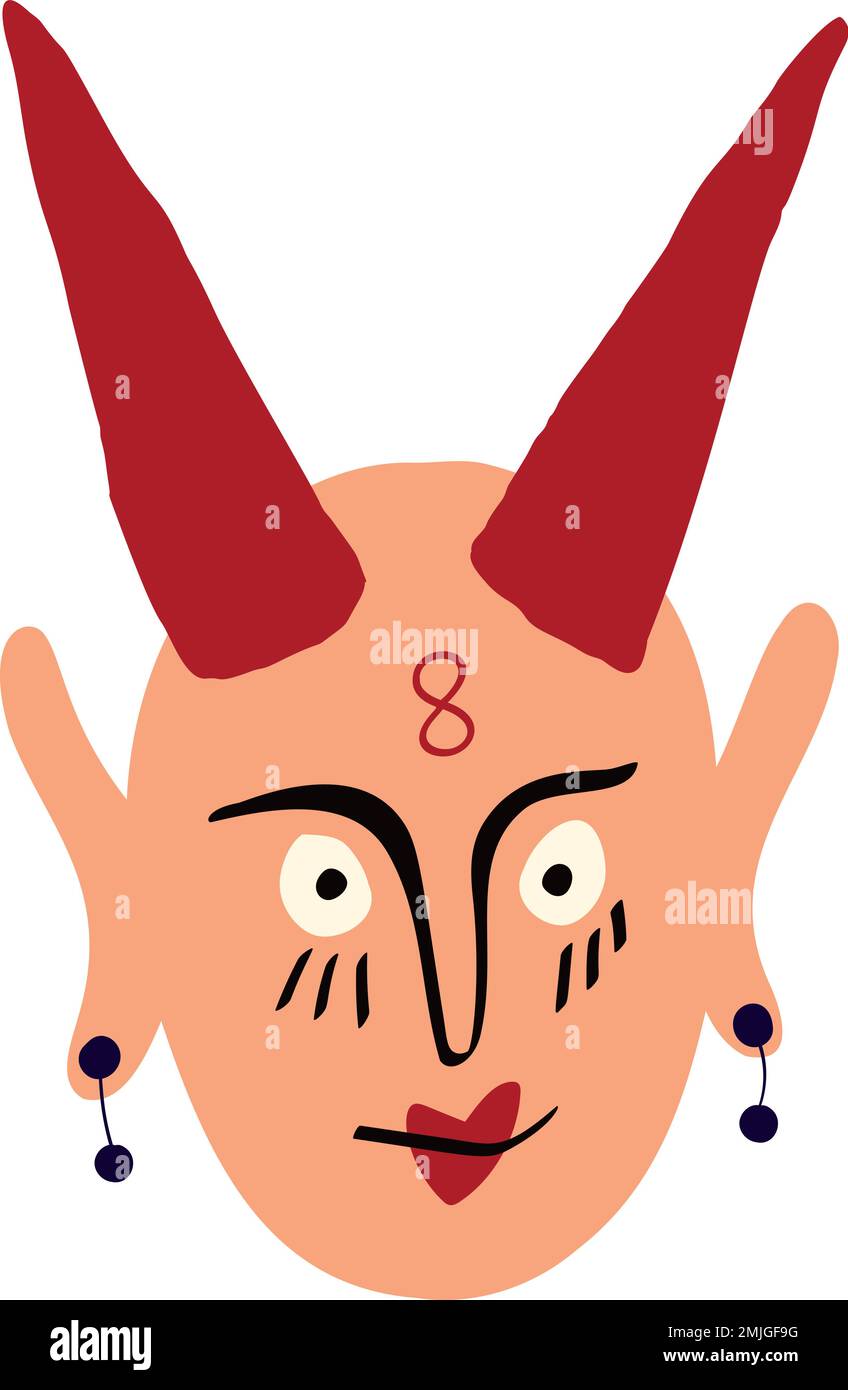 Ugly demon head. Bizarre demon face vector illustration in doodle style Stock Vector