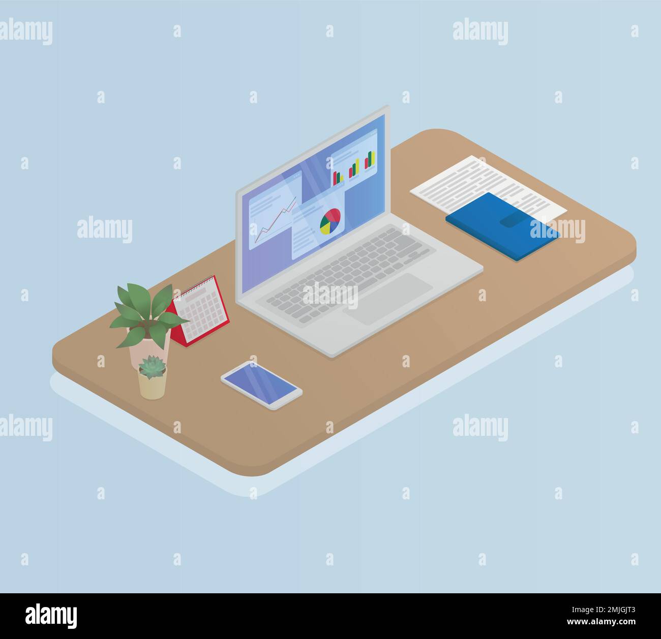 Workplace. Laptop, phone, notebook, calendar and potted flowers on the