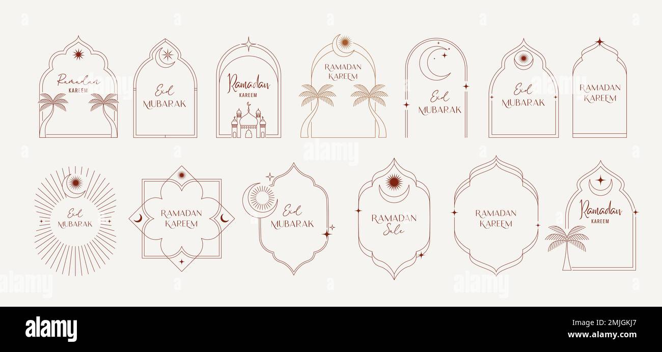 Collection of minimal linear style Islamic Ramadan Kareem logos, windows and arches with modern boho design, moon, mosque dome and lanterns Stock Vector