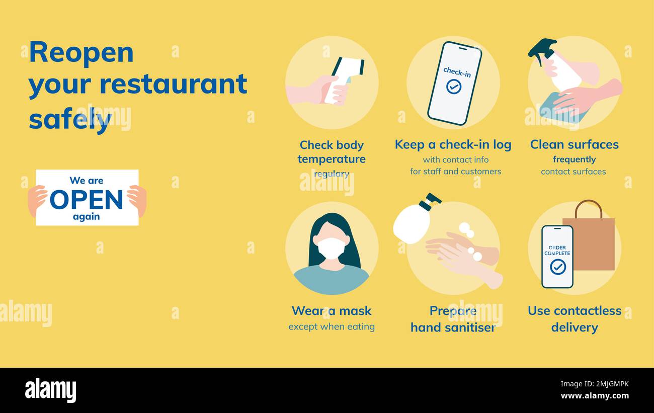 COVID 19 slide template vector, restaurant reopen safety measures Stock
