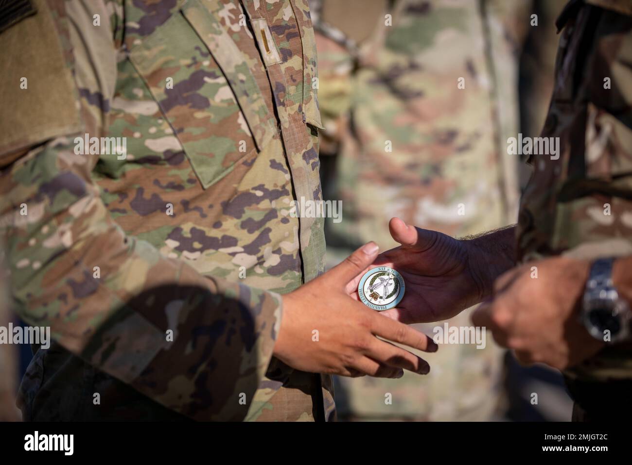 British Maj. Gen. Michael R. Keating, the deputy commanding general - support, assigned to the III Armored Corps and Fort Hood, gives a 2nd Armored Brigade Combat Team, 1st Infantry Division Soldier a challenge coin during the 22-09 rotation at the National Training Center on Fort Irwin, California, August 29, 2022. Keating awarded 14 Soldiers with challenge coins for their dedication to their job, the Army, and the mission. Stock Photo