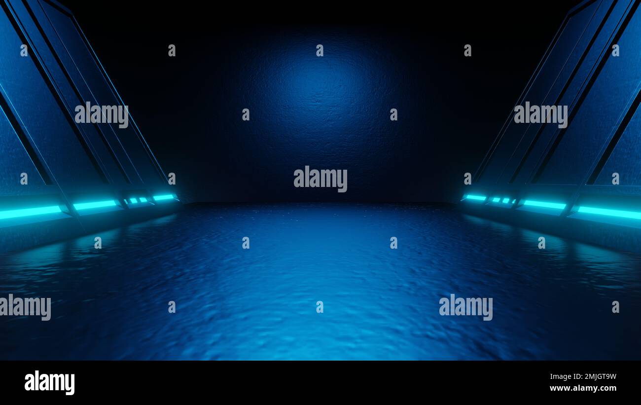 3d rendering of spaceship corridor background blue neon glowing. Scene ...