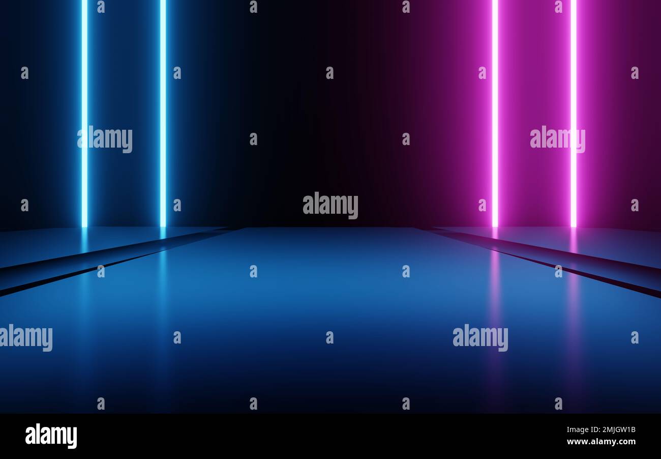 3d rendering of spaceship corridor neon glowing blue purple background ...