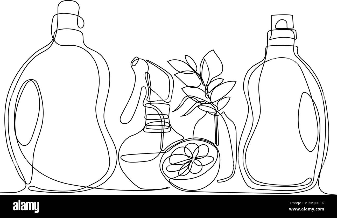 Continuous one line drawing of bottles for liquid laundry detergent