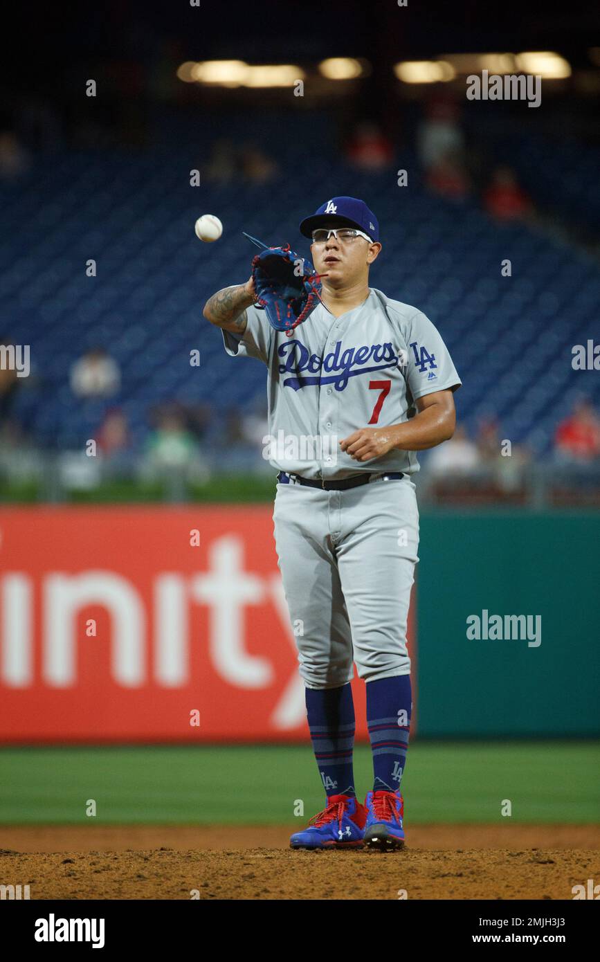 LOS ANGELES, CA - MAY 02: Los Angeles Dodgers pitcher Julio Urias (7)  throws a pitch during the MLB game between the Philadelphia Phillies and  the Los Angeles Dodgers on May 2