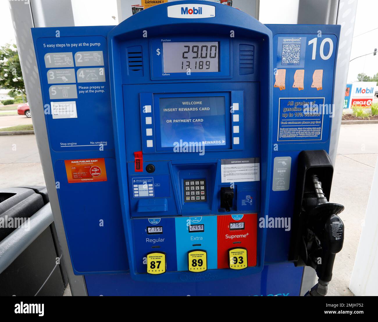 HolA Mobil gas pump displays the various types of fuel and their prices