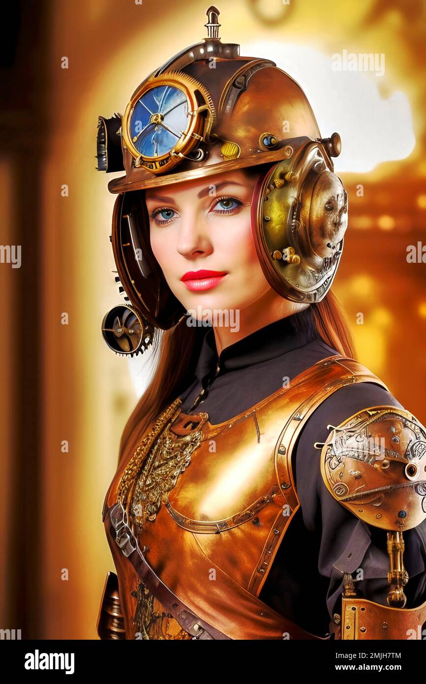 Female young steampunk beauty with copper breastplate and strong head protection with sturdy helmet confidently looks ahead, fictional person, made wi Stock Photo