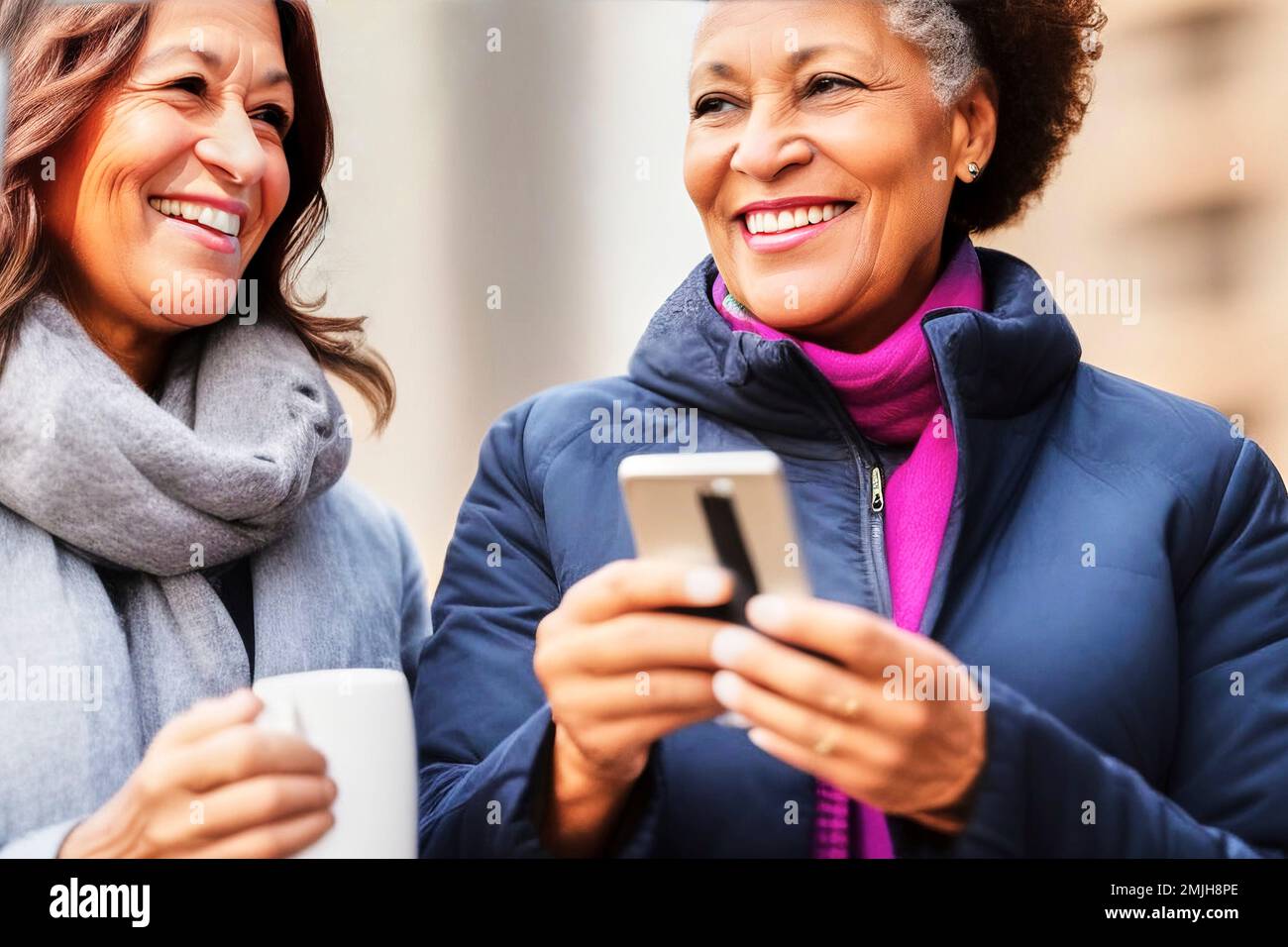 Elderly black ladies chatting smiling and huffing while holding their phones, fictional person, made with generative AI Stock Photo