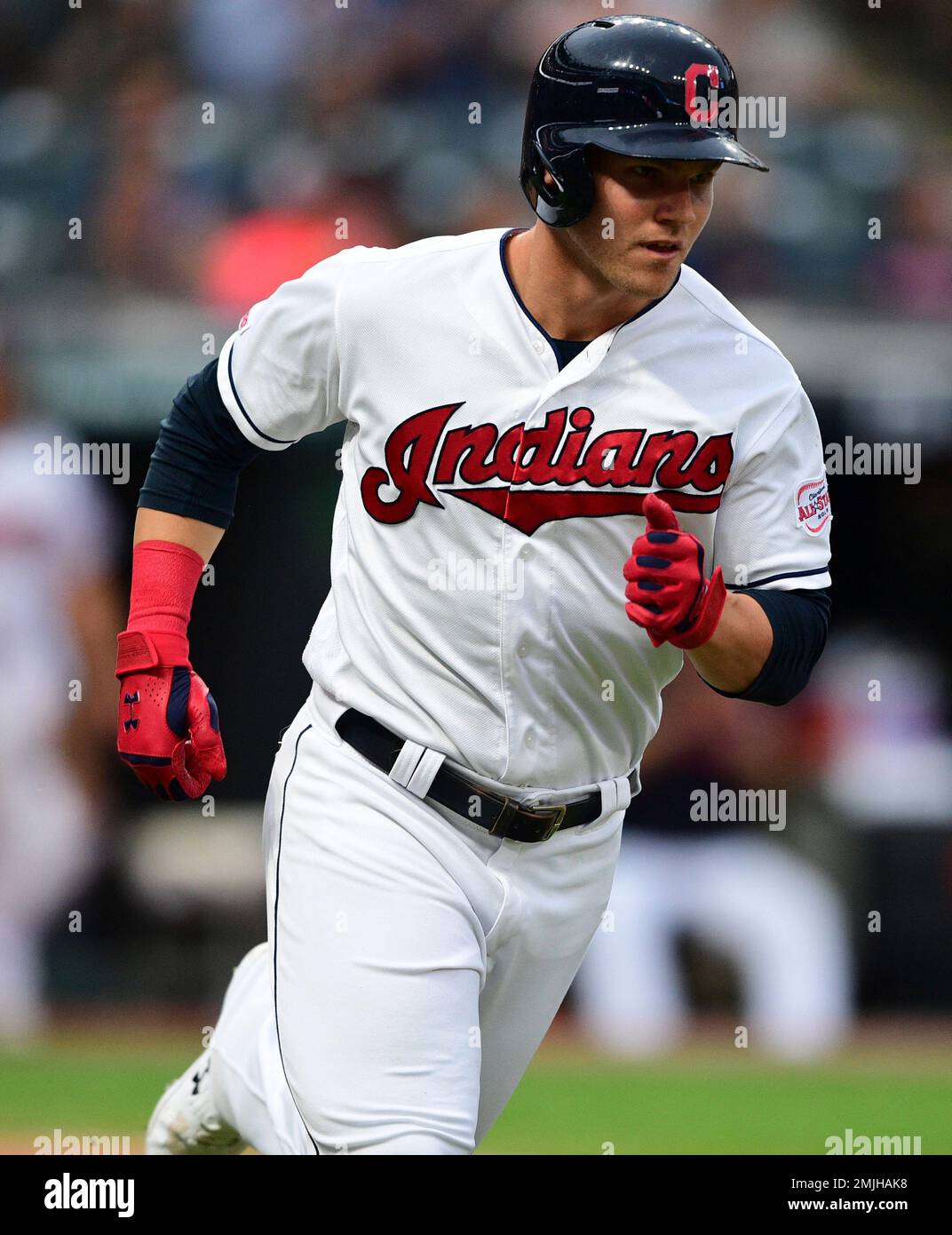 Cleveland Indians' Jake Bauers runs after hitting a RBI single in the  second inning of a baseball game against the Detroit Tigers, Tuesday, July  16, 2019, in Cleveland. Jason Kipnis would score