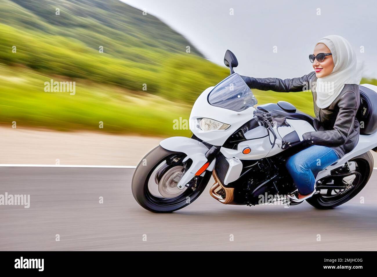 Young woman wearing jeans, black leather jacket, white hijab and sunglasses cornering her motorbike, background with motion blur, fictional person, ma Stock Photo