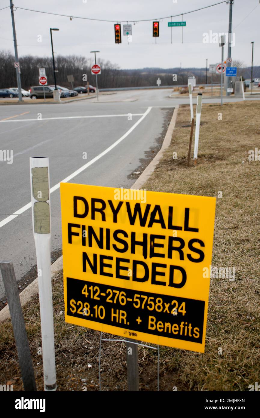 In this photo made on Friday, March 1, 2019, signs for employment