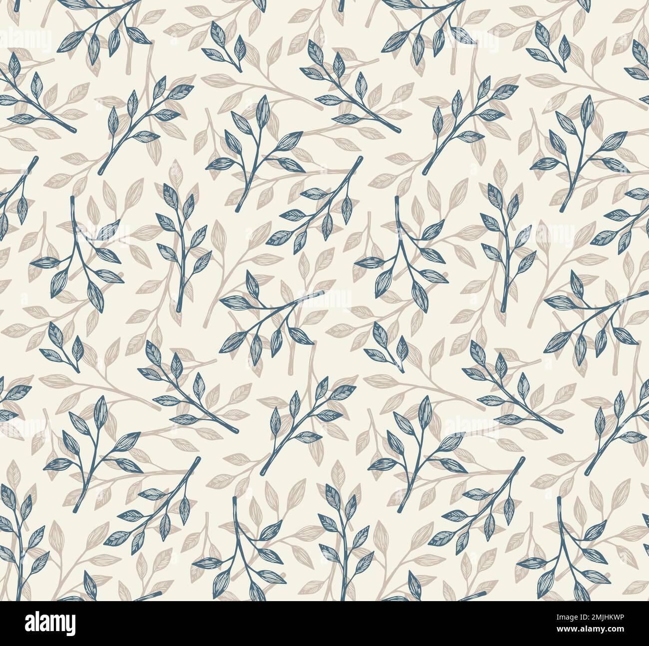Seamless Floral pattern in hand-drawn style. Blue and beige leaves on a ...