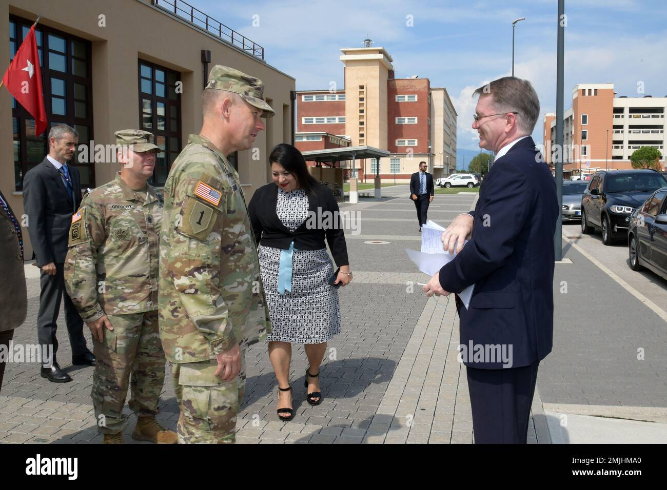 Maj. Gen. Todd R. Wasmund, the U.S. Army Southern European Task Force, Africa commanding general, meets Mr. Shawn Crowley, the Charge d’Affaires, American Embassy, Rome, in front of SETAF-AF headquarters on Caserma Del Din in Vicenza, Italy, Aug. 30, 2022. Stock Photo