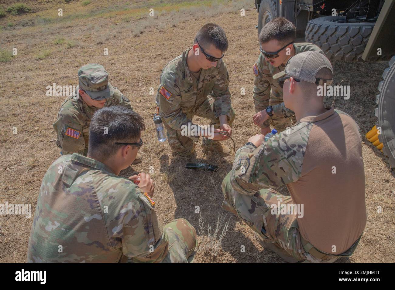 U.S. Army West Virginia National Guard Spc. Jonathon Flores, a combat engineer assigned to the 119th Sapper Company, demonstrates a Gregory Demolition Knot during a demolition range held as their first training mission in accordance with Noble Partner located in the Vaziani Training Area, Georgia. Noble Partner is a cooperatively-led multinational training exercise in its sixth iteration between the Georgian Defense Forces (GDF) and U.S. Army Europe and Africa. The exercise occurs at Vaziani and Camp Norio training areas in the country of Georgia from Aug. 29 to Sep. 9, 2022 Stock Photo