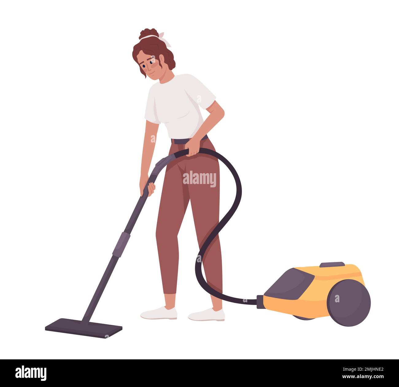 Young woman removing dirt with vacuum cleaner semi flat color vector character Stock Vector