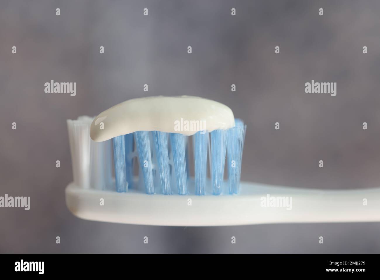 Close up of toothpaste on toothbrush on gray background. Stock Photo