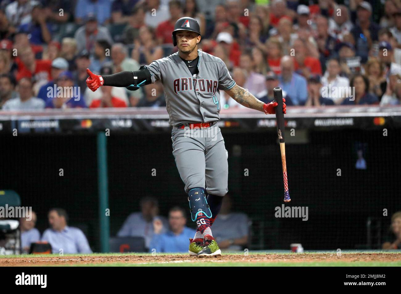 National League's Ketel Marte, of the Arizona Diamondbacks, reacts after  striking out during the fifth inning of the MLB baseball All-Star Game  against the American League, Tuesday, July 9, 2019, in Cleveland. (