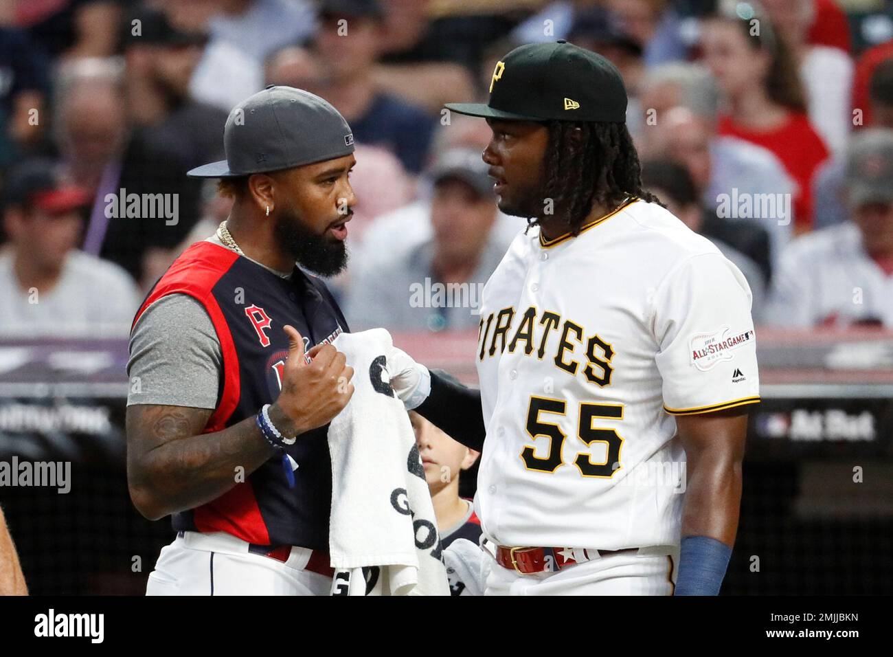 Felipe Vazquez of the Pittsburgh Pirates talks with Josh Bell