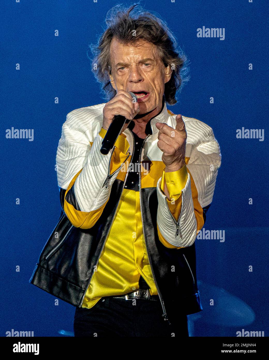 Lead vocalist Mick Jagger of The Rolling Stones performs with the band  during their No Filter Tour at Gillette Stadium on Sunday, July 7, 2019, in  Foxborough, Mass. (Photo by Robert E.