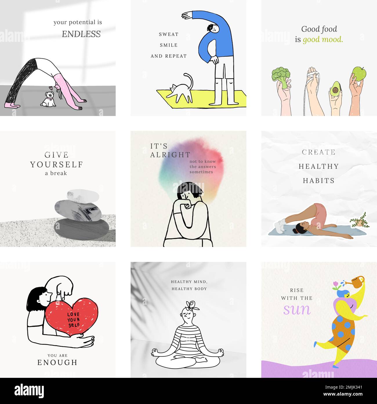 Health and wellness templates vector colorful and cute illustrations ...
