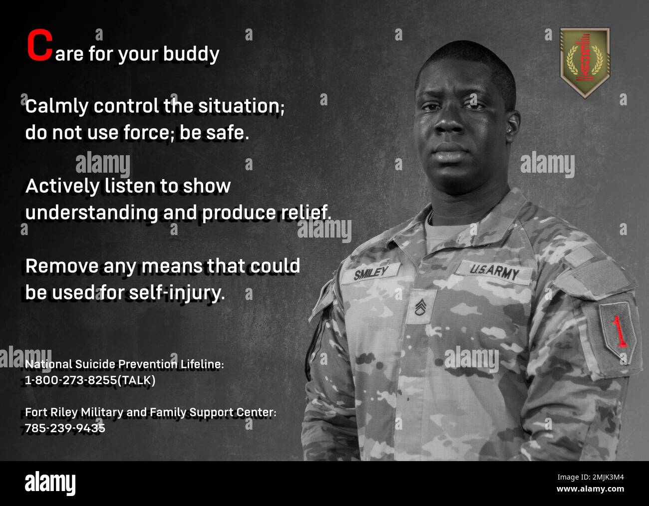 A 1st Infantry Division Soldier stands in a graphic promoting the  prevention of suicide, raising suicide awareness, and promoting the Army ACE  Suicide Intervention Program. The "C" in ACE stands for "Care