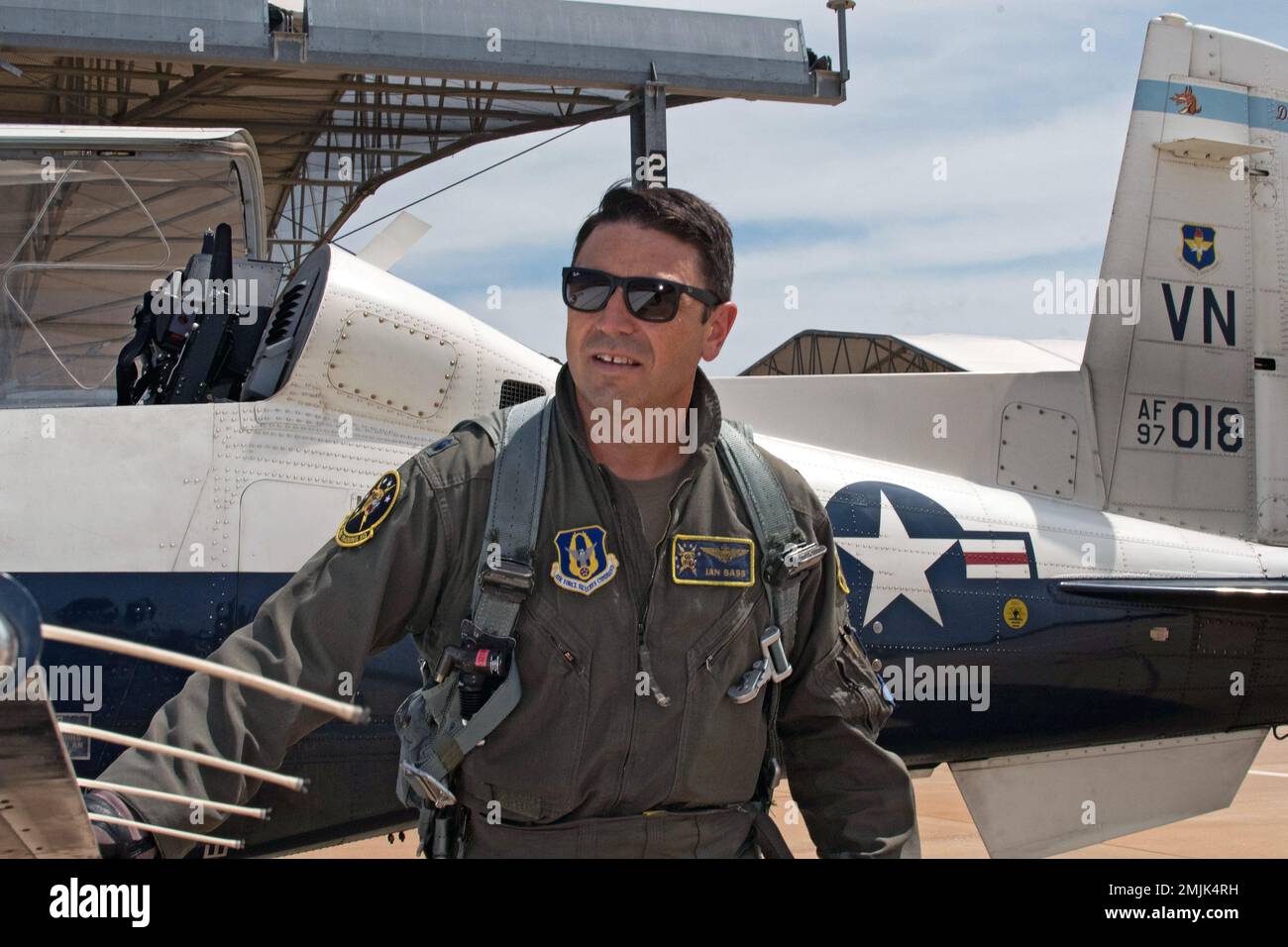 Lt. Col. Ian Bass, 5th Flying Training Squadron Assistant director of operations and T-6 instructor pilot, performs a pre-flight check before reaching an aviation milestone: 5,000 hours of flight time in a T-6 Texan II, on Aug. 30, 2022, at Vance Air Force Base, Okla. Bass is the first to accomplish that goal at the 5th FTS. Stock Photo