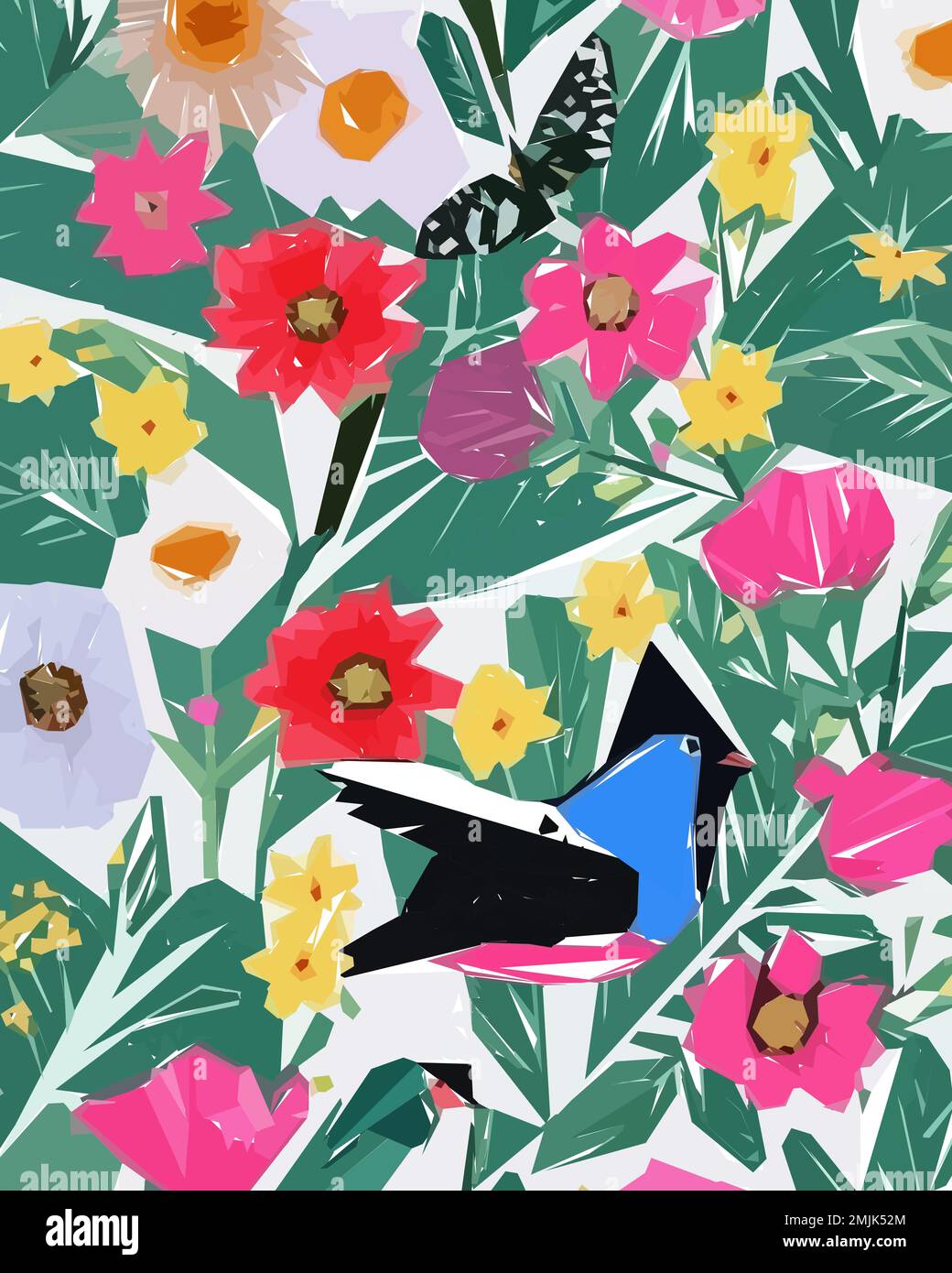 Floral background with birds, flowers and butterflies, vector ...