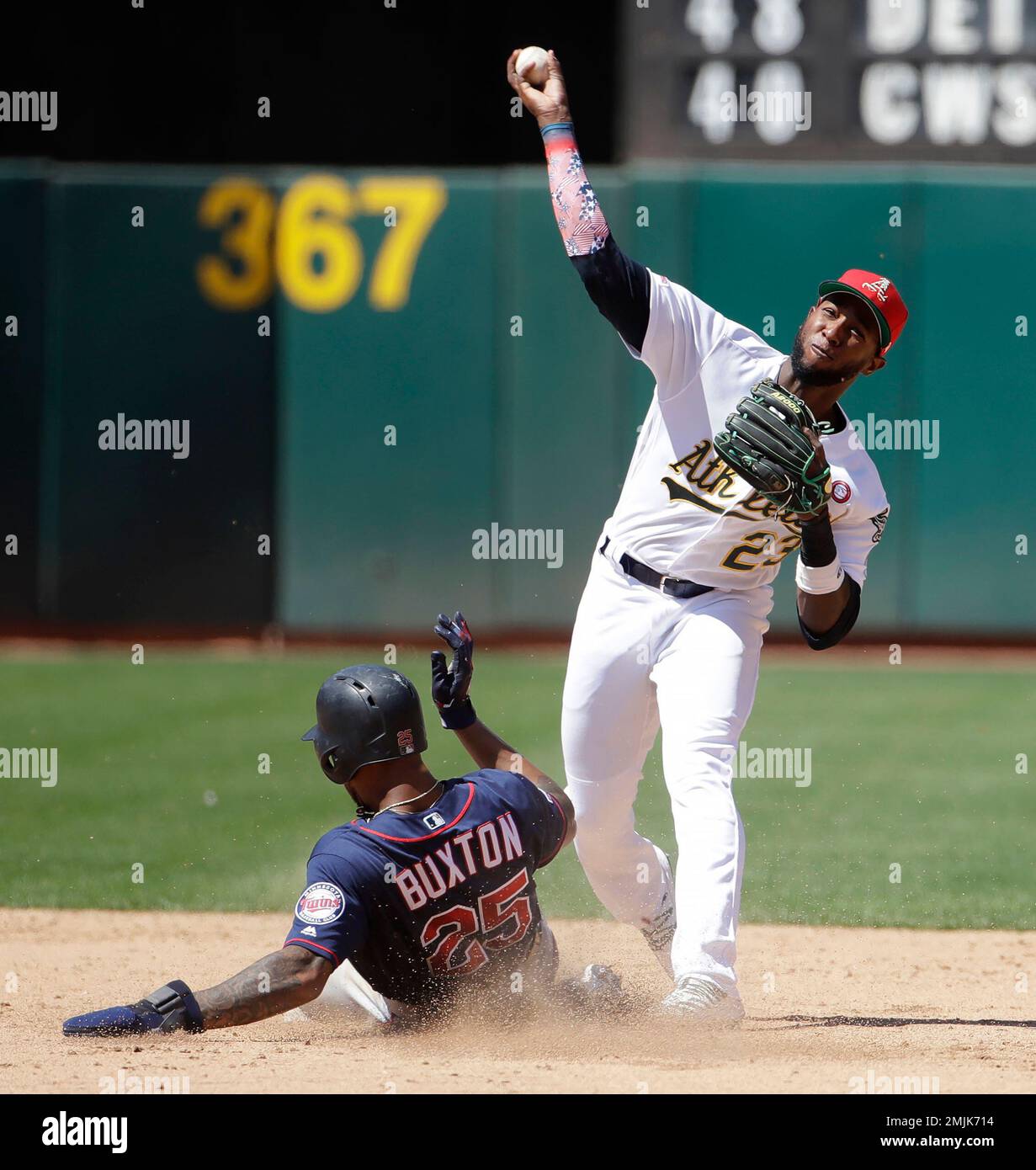 Oakland Athletics second baseman Jurickson Profar, top, throws to first  base after forcing out Minnesota Twins' Byron Buxton, bottom, at second  base on double play hit into by Jorge Polanco during the