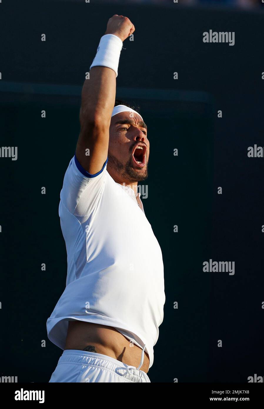 Italys Fabio Fognini celebrates after beating Hungarys Marton Fucsovics in a Mens singles match during day four of the Wimbledon Tennis Championships in London, Thursday, July 4, 2019
