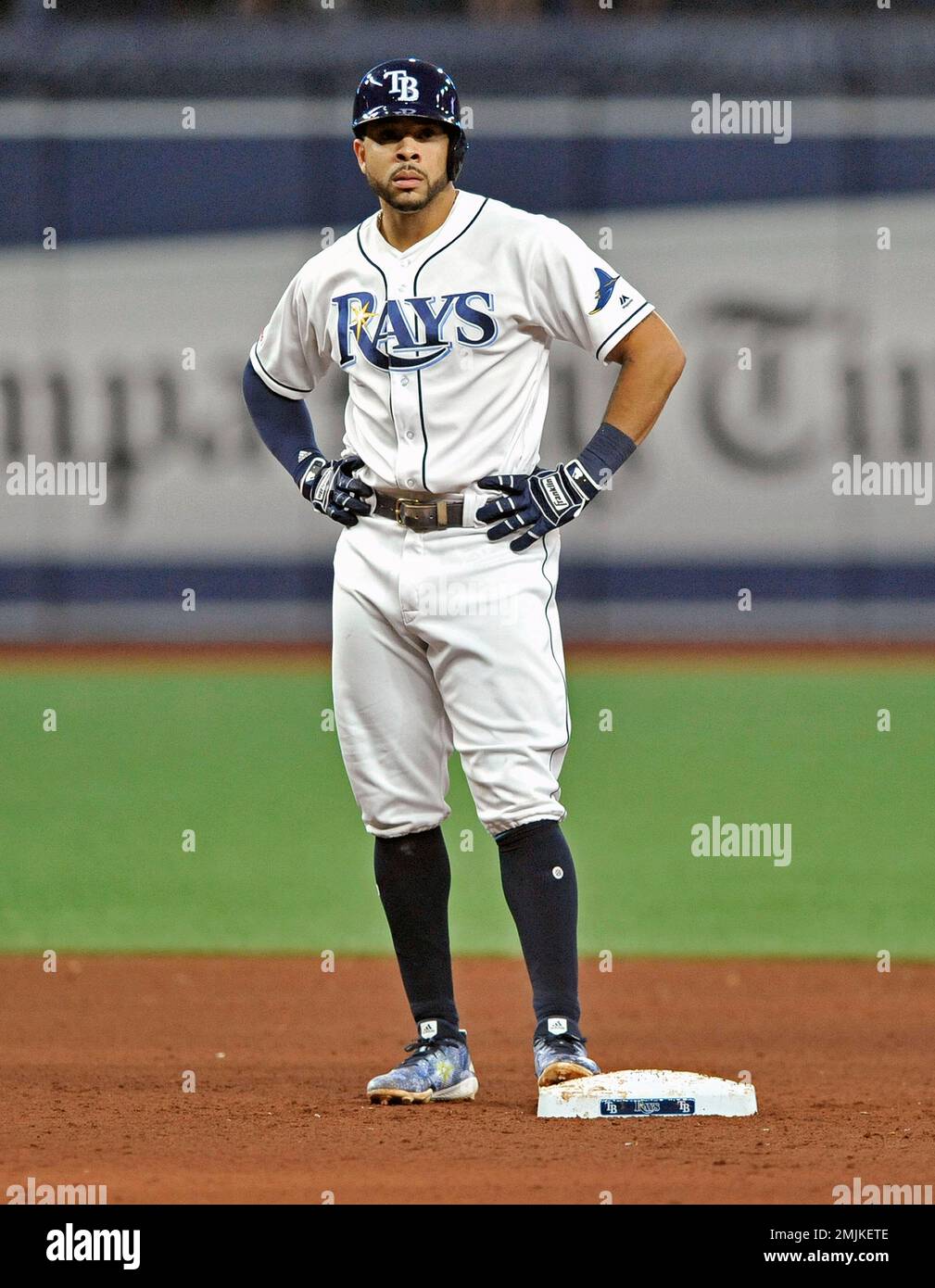 Tampa Bay Rays' Tommy Pham stands on second base after hitting a