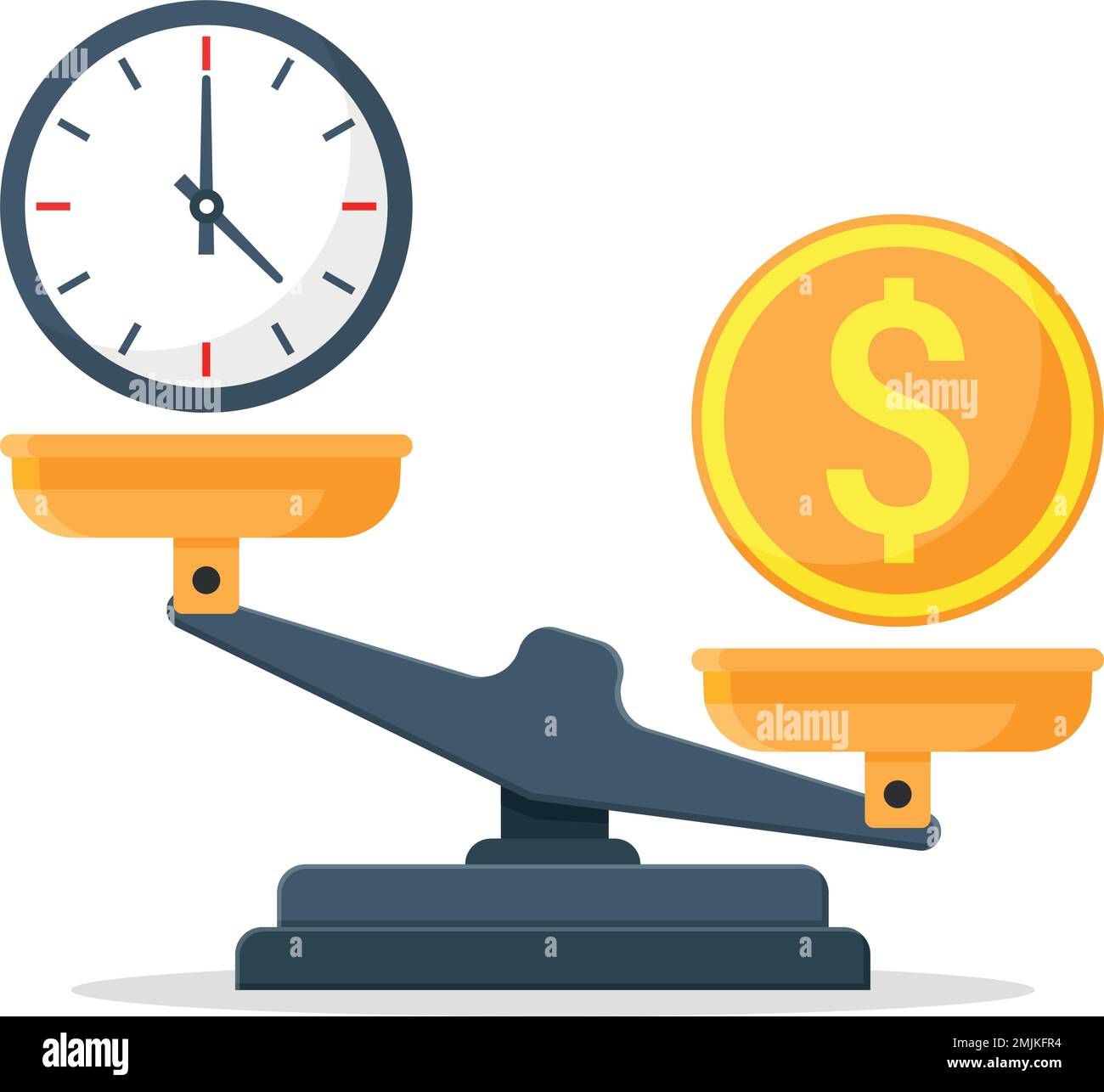 Time vs money on scales in flat style. Weight balance vector illustration on isolated background
