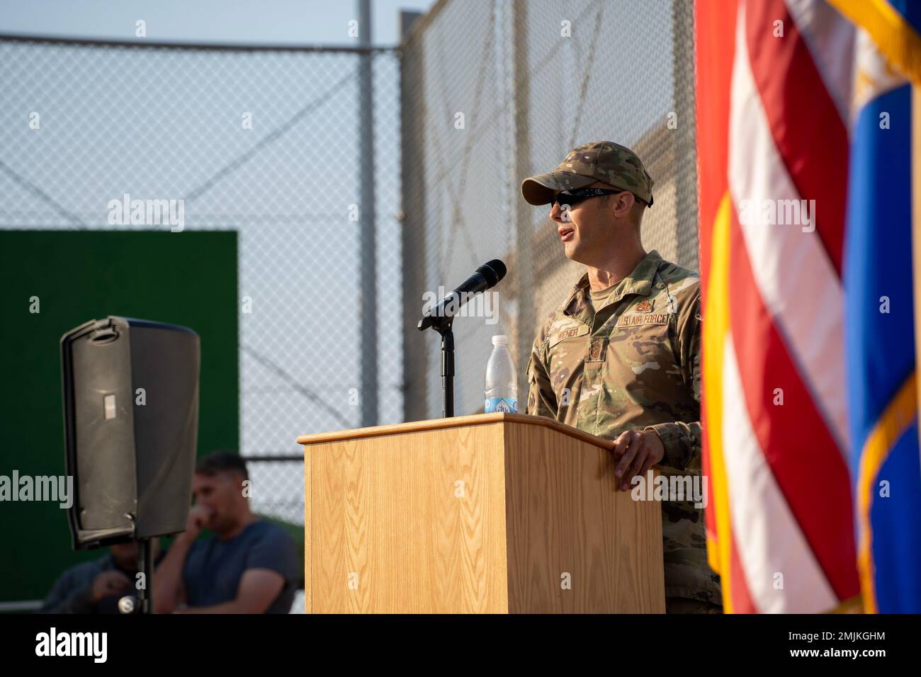 U.S. Air Force Chief Master Sgt. Joshua Wiener, 435th Air Ground Operations Wing command chief, speaks during the opening ceremony of the 6th Annual Chief Master Sgt. of the Air Force Paul Airey Memorial Ruck at Ramstein Air Base, Germany, Sept. 1, 2022. The ruck honors Airey who endured 10 months as a prisoner of war during World War II, and was among few who survived dysentery, exhaustion and starvation, while being forced to march 400 miles across Germany during one of the coldest winters in history. Stock Photo