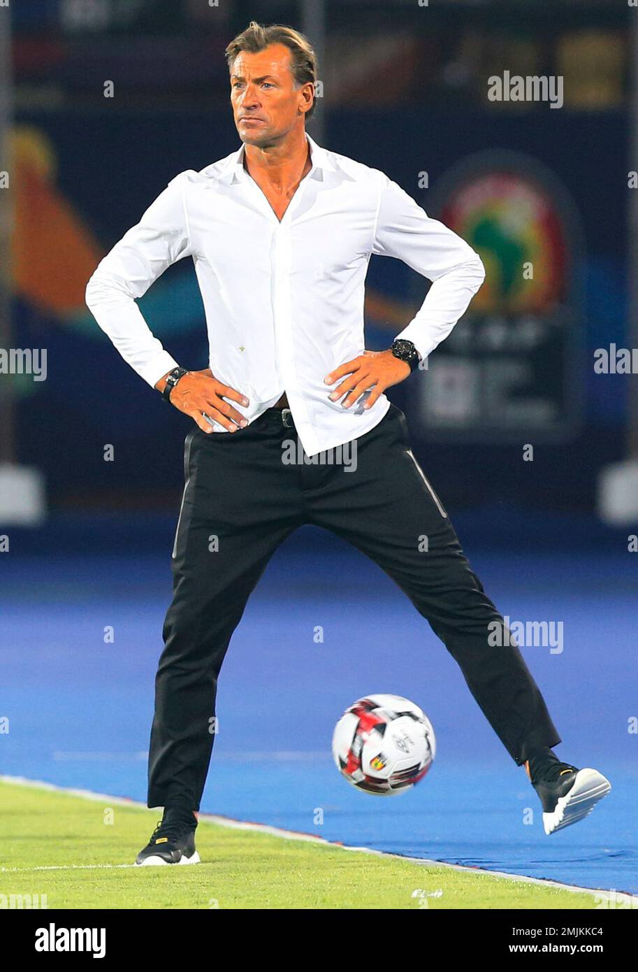 In this Monday, July 1, 2019 photo, Morocco's head coach Herve Renard  during the African Cup of Nations group D soccer match between South Africa  and Morocco in Al Salam Stadium in