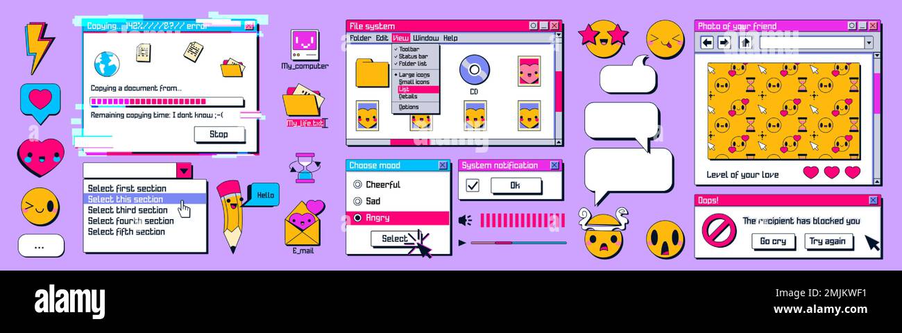Retro computer screen interface, windows frames, dialog messages, buttons, file system, icons and smiles. Old PC graphic interface in y2k style, vecto Stock Vector