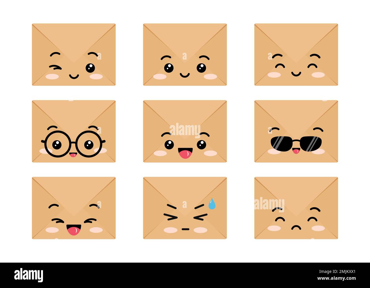 Craft envelopes cute kawaii character set happy smiling emoticons Stock