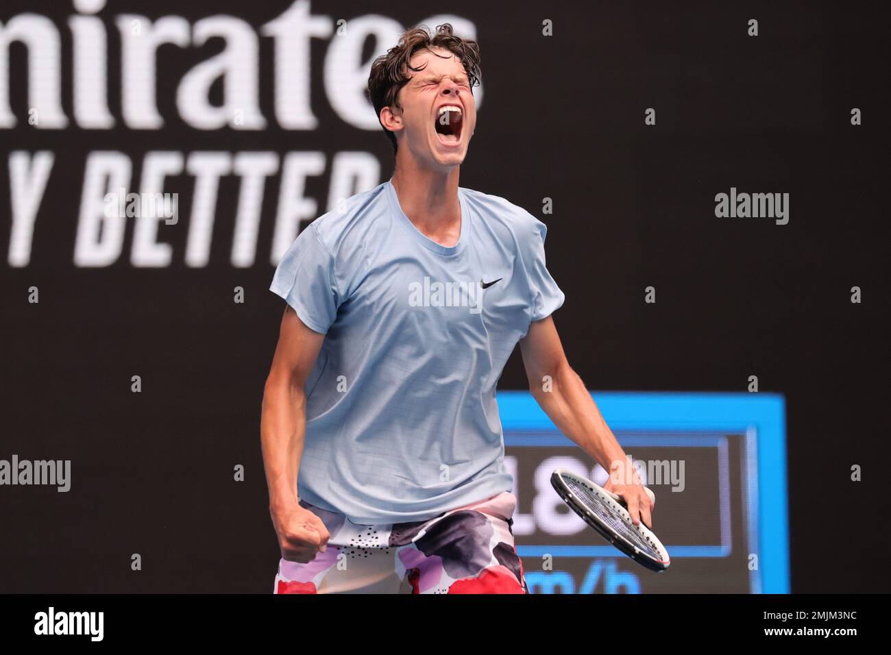 Melbourne, Australia. 28th Jan, 2023. Alexander Blockx of Belgium reacts  against Learner Tien of USA in the Boys Final match, Day 13 at the  Australian Open Tennis 2023 at Rod Laver Arena,