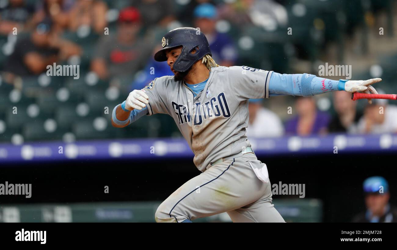 San Diego Padres right fielder Wil Myers (5) in the ninth inning of a  baseball game on Monday, Aug. 16, 2021, in Denver. (AP Photo/David  Zalubowski Stock Photo - Alamy