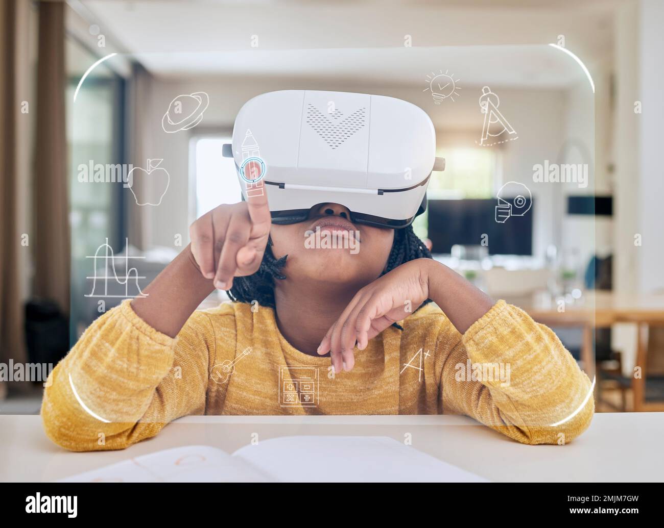 Augmented reality, education and child with headset for test in virtual
