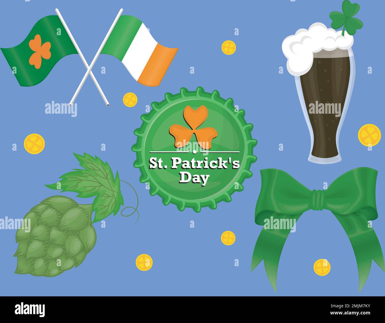 a set for saint patricks day includes crossed flags, bottle cap, glass of beer, hop and green ribbon Stock Vector