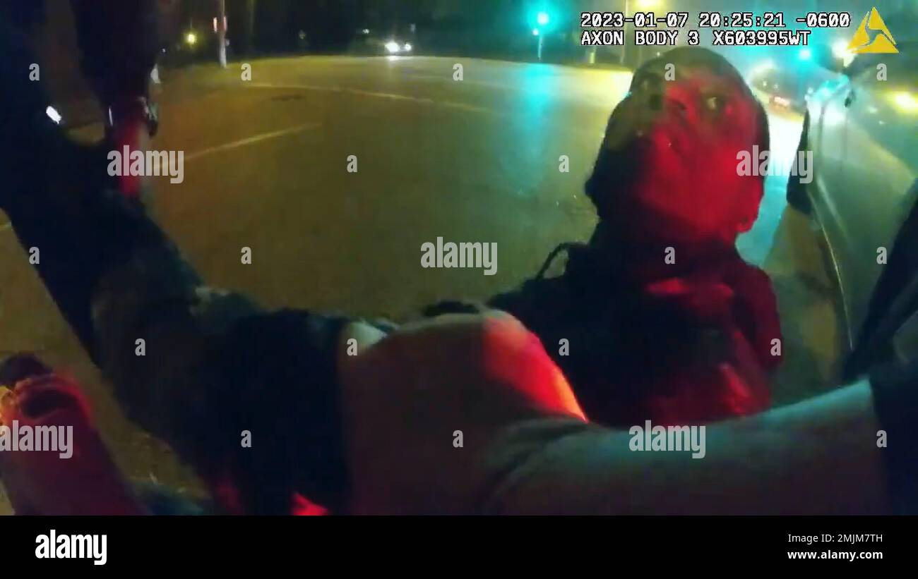 January 7, 2022 - Memphis, Tennessee USA: Stills from video released by the Memphis Police show officers fatally assaulting Tyre Nichols during a traffic stop, January 7, 2022, in Memphis, Tennessee.Video was released to the public on Friday, January 27, 2023. Nichols died from his injuries caused by the police. Five police officers were fired, and now face murder charges. Stock Photo