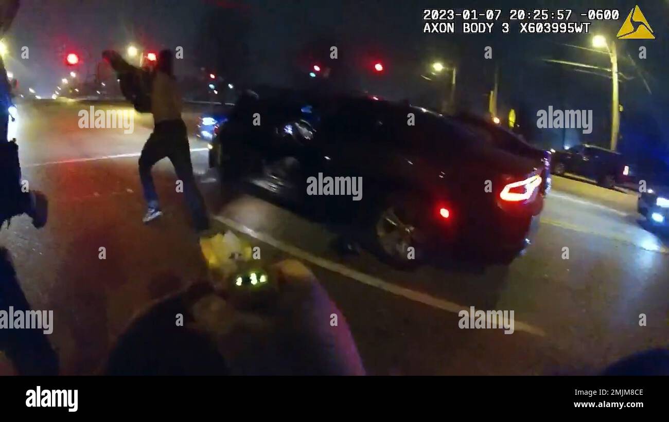 January 7, 2022 - Memphis, Tennessee USA: Stills from video released by the Memphis Police show officers fatally assaulting Tyre Nichols during a traffic stop, January 7, 2022, in Memphis, Tennessee.Video was released to the public on Friday, January 27, 2023. Nichols died from his injuries caused by the police. Five police officers were fired, and now face murder charges. Stock Photo