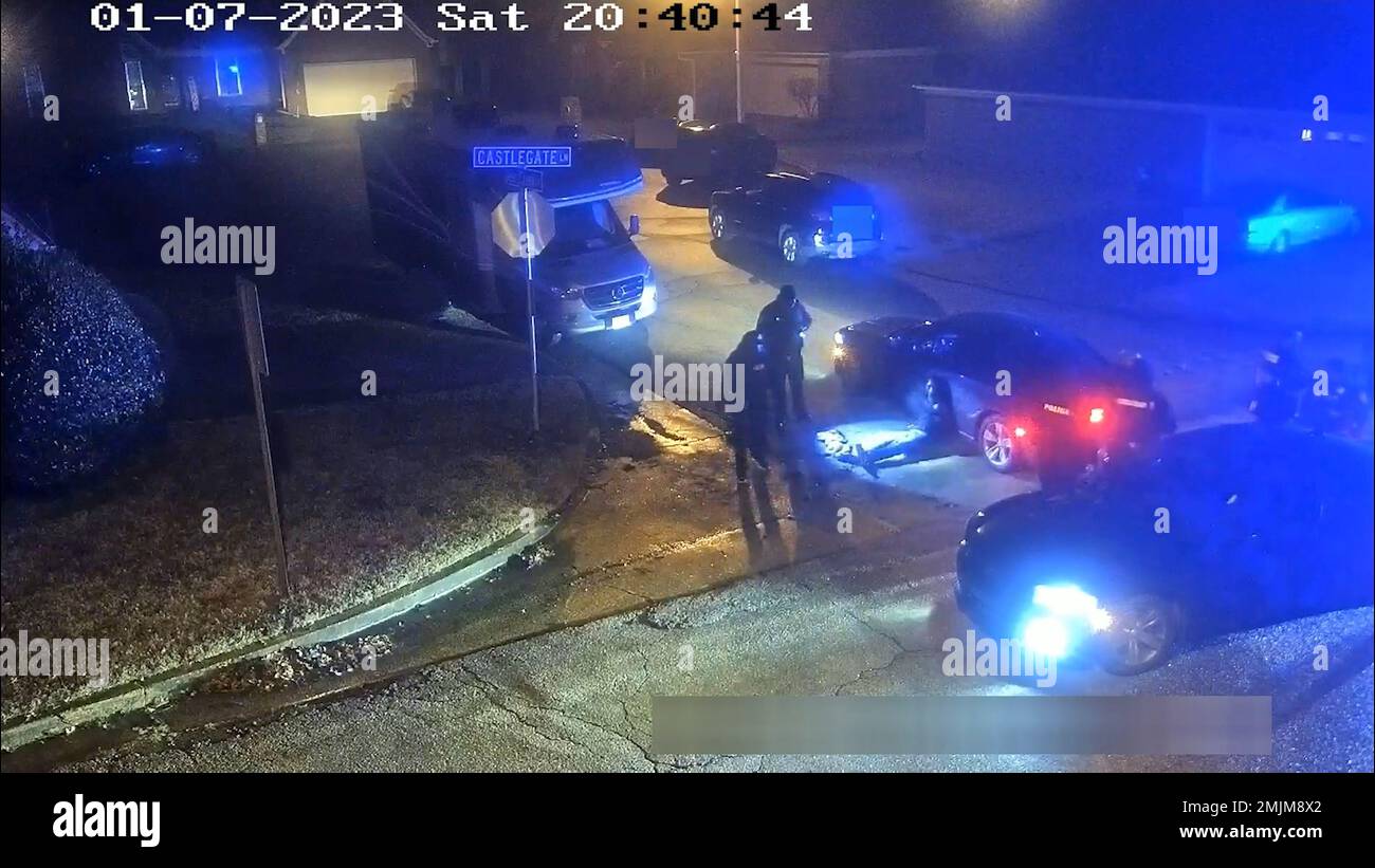 January 7, 2022 - Memphis, Tennessee USA: Stills from video released by the Memphis Police show officers fatally assaulting Tyre Nichols during a traffic stop, January 7, 2022, in Memphis, Tennessee.Video was released to the public on Friday, January 27, 2023. Nichols died from his injuries caused by the police. Five police officers were fired, and now face murder charges. Stock Photo