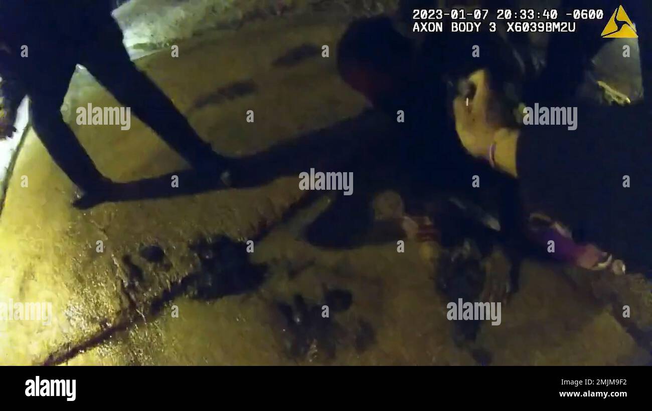 January 7, 2022 - Memphis, Tennessee USA: Stills from video released by the Memphis Police show officers fatally assaulting Tyre Nichols during a traffic stop, January 7, 2022, in Memphis, Tennessee.Video was released to the public on Friday, January 27, 2023. Nichols died from his injuries caused by the police. Five police officers were fired, and now face murder charges. Stock Photo