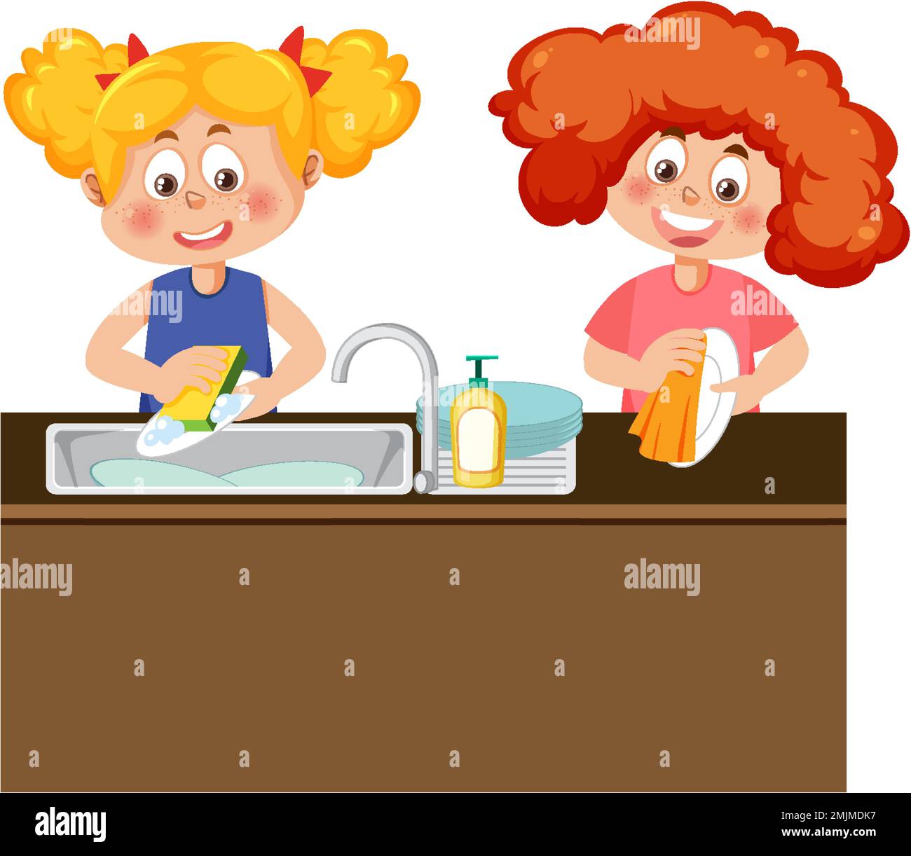 Two kids washing dishes together illustration Stock Vector Image & Art