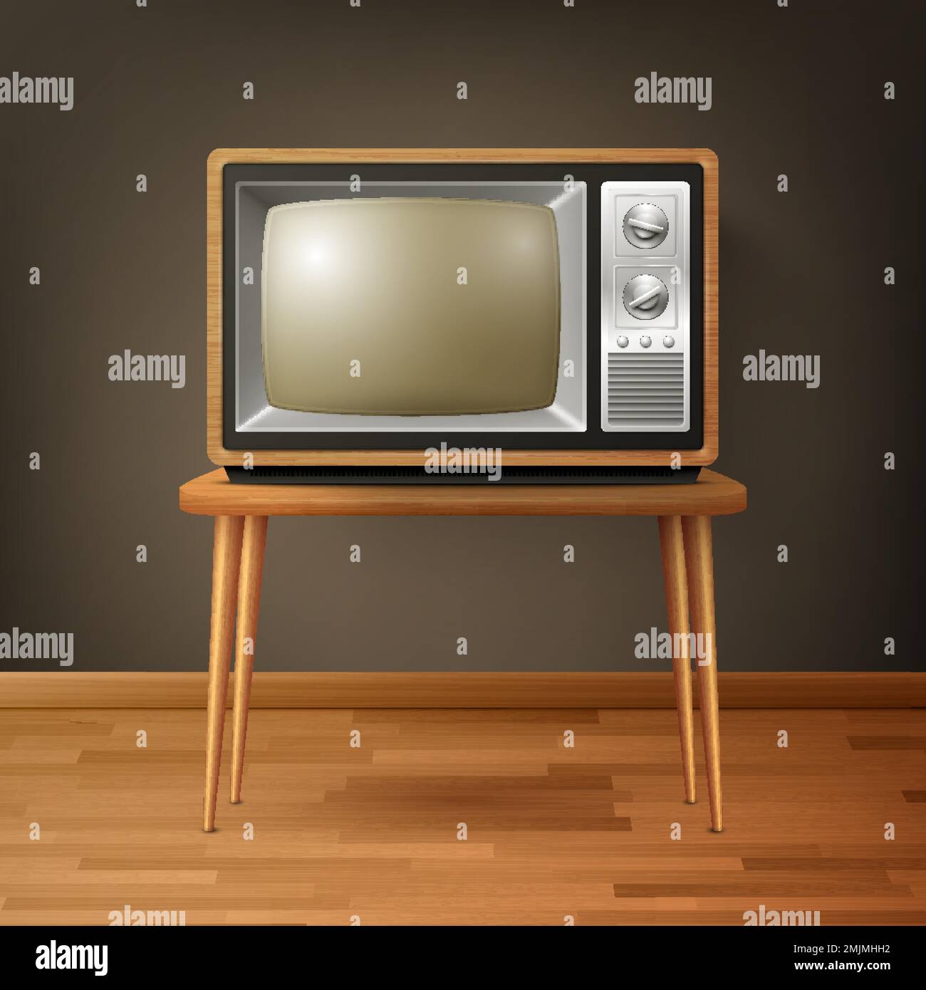 Vector 3d Realistic Brown Wooden Retro TV Receiver on Wooden Table. Home Interior Design Concept. Vintage TV Set, Television, Front View Stock Vector