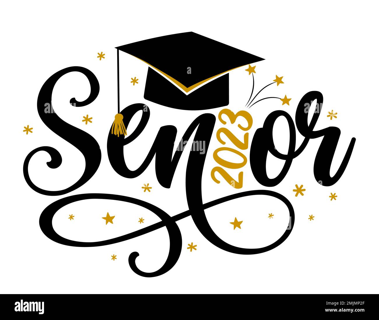 Senior 2023 - Typography. blck text isolated white background. Vector illustration of a graduating class of 2023. graphics elements for t-shirts, and Stock Vector